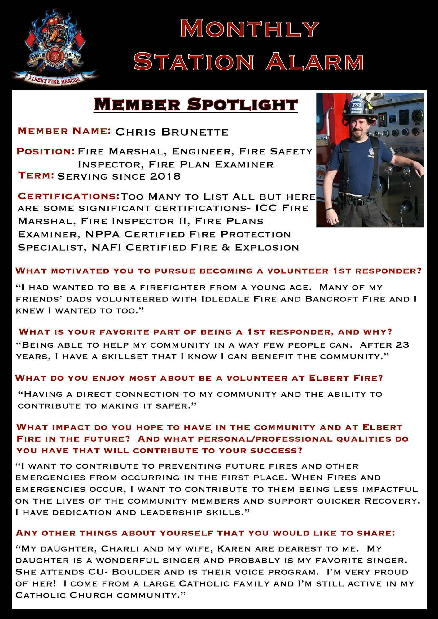Monthly Station Alarm features Chris Brunette, Fire Marshal. Serving since 2018 with multiple certifications and community dedication.