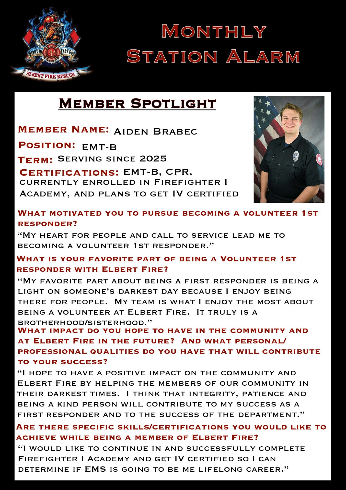 The image features a spotlight on Aiden Brabec, an EMT-B with Elbert Fire, sharing his motivations and future goals in service.