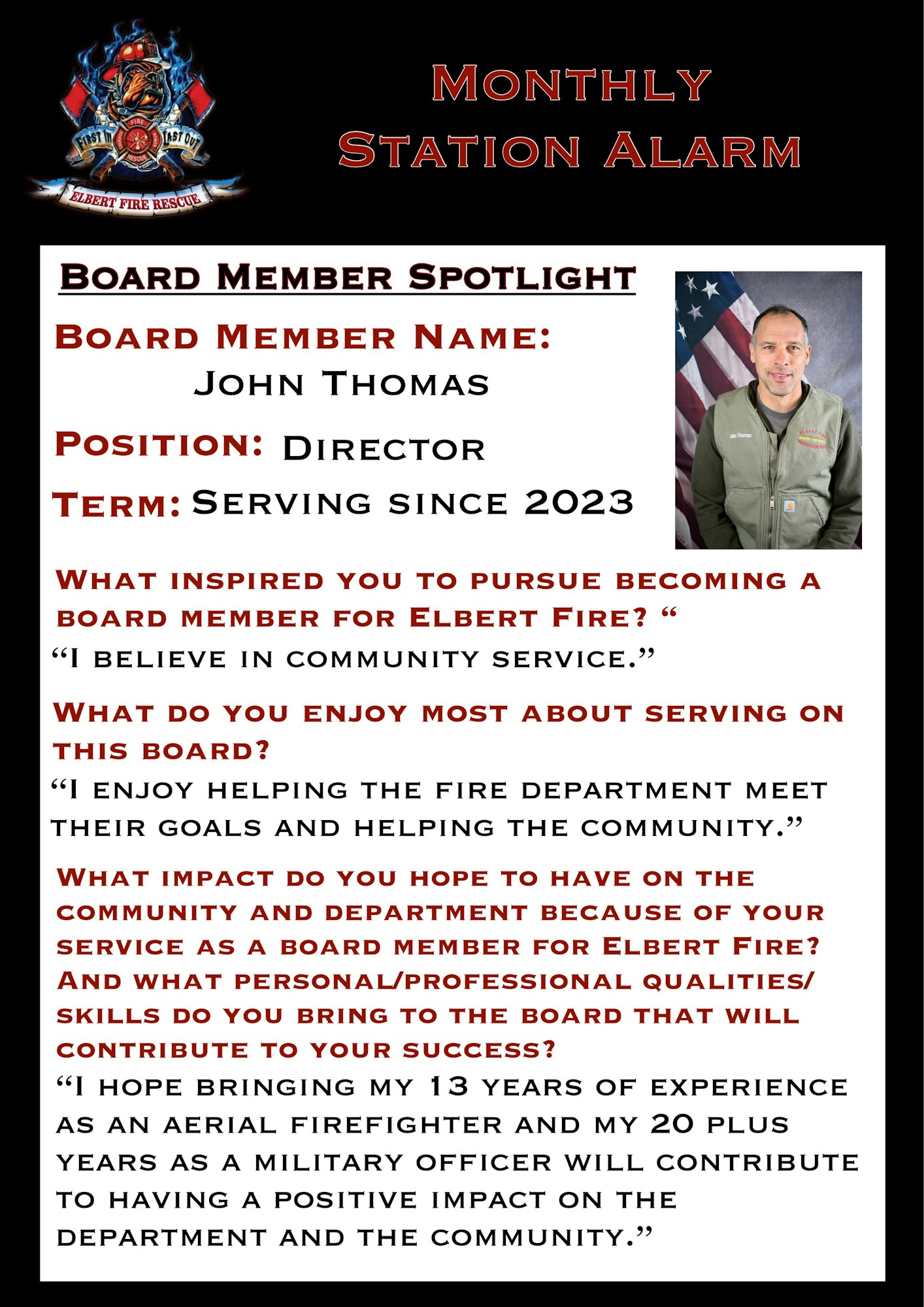 Spotlight on John Thomas, Director of Elbert Fire Rescue, serving since 2023, focused on community service and department goals.