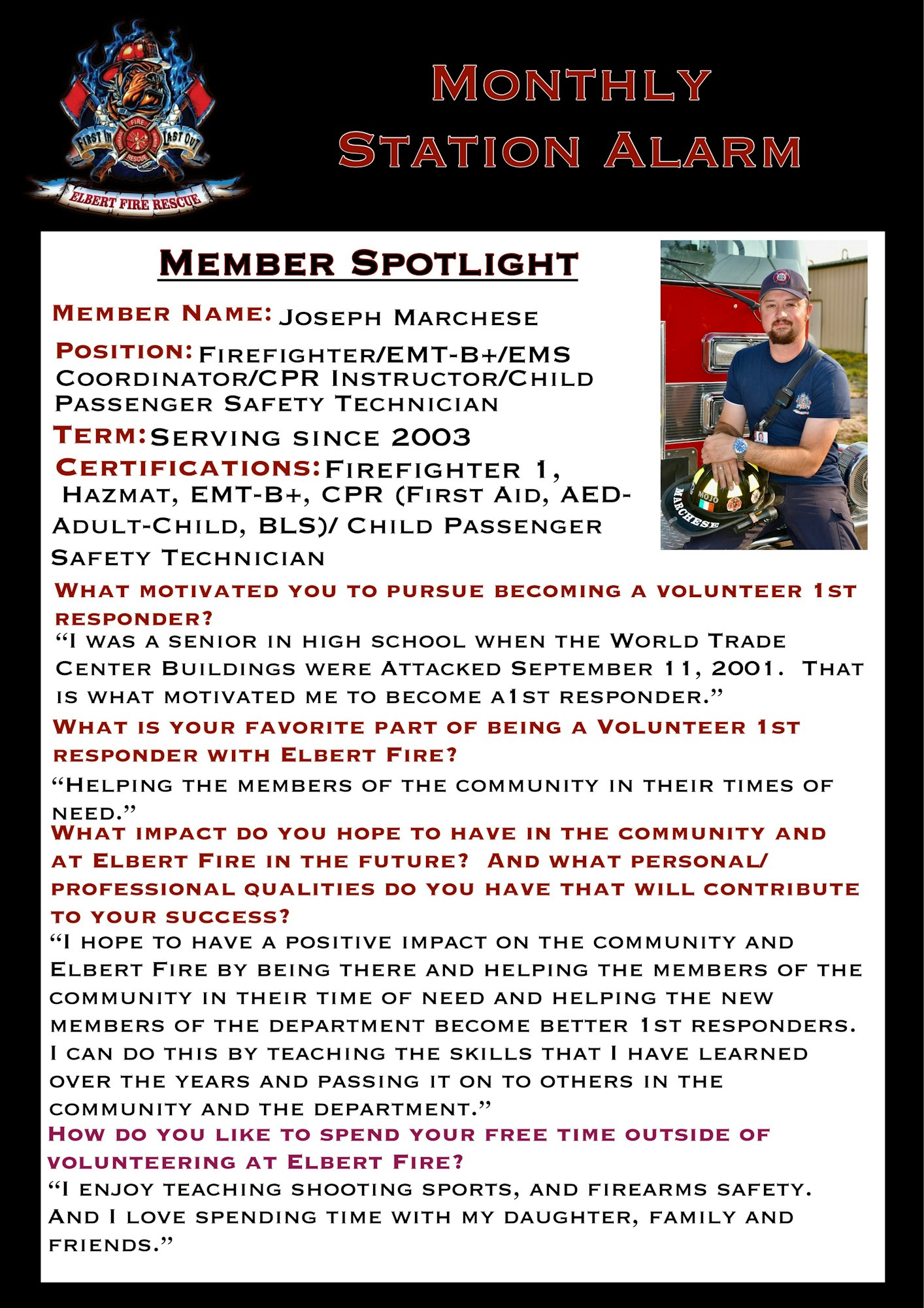 The image showcases Joseph Marchese, a firefighter and EMT, highlighting his experience and community service motivation.