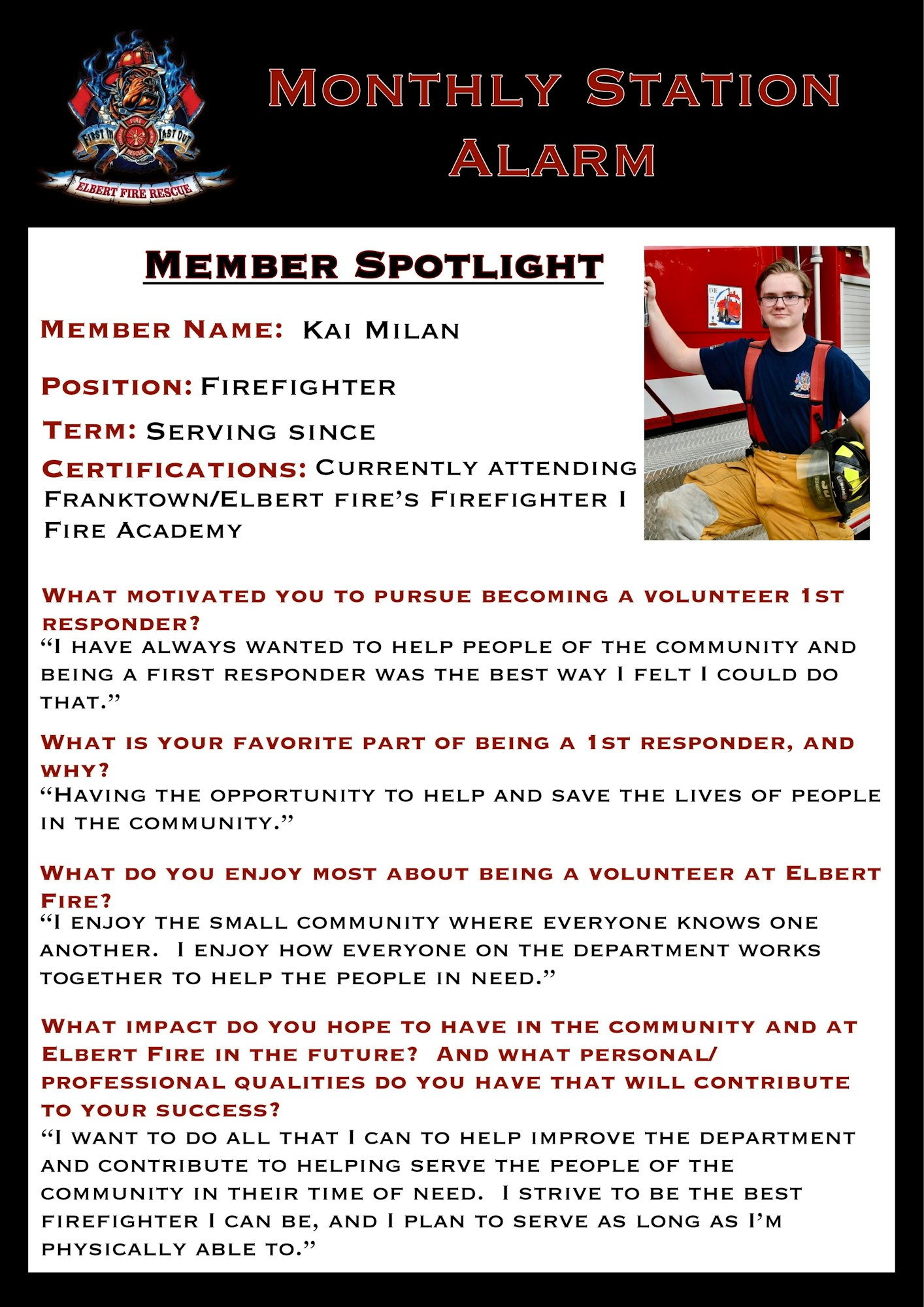 Flyer of firefighter Kai Milan is spotlighted, discussing motivations, enjoyment, and impact as a volunteer at Elbert Fire.
