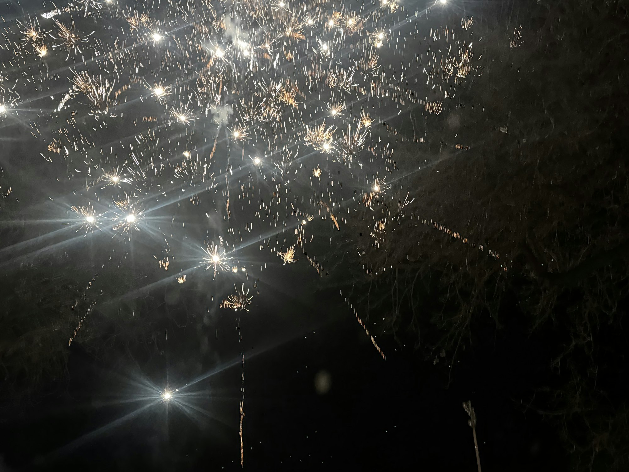 Bright fireworks exploding in the night sky.