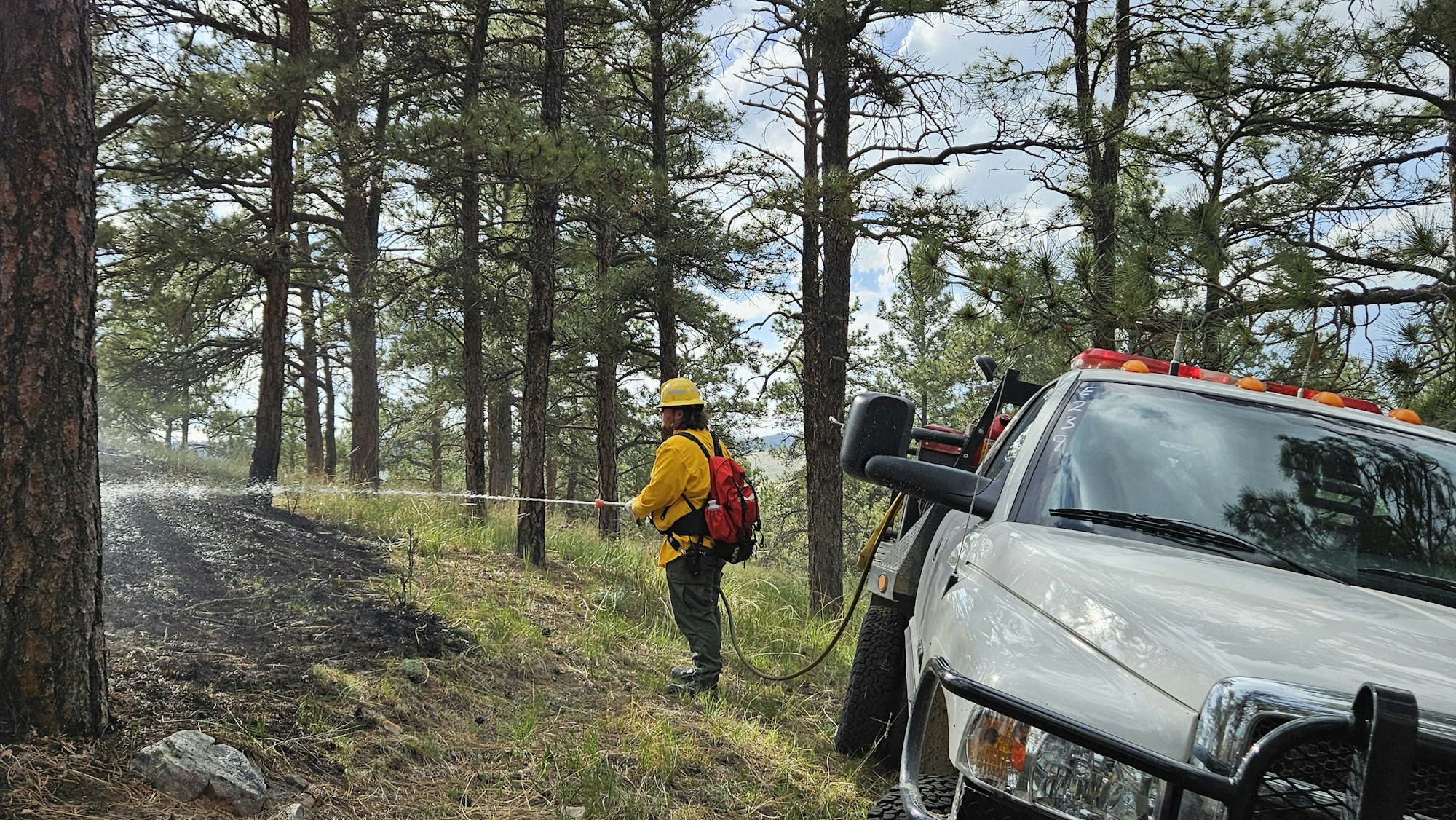 A firefighter sprays water near a truck in a wooded area, possibly managing a small fire or a controlled burn.