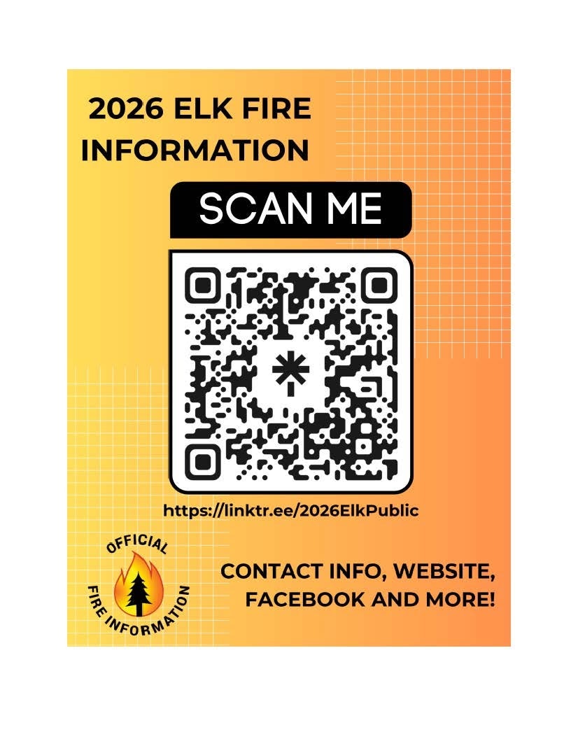 It's a flyer for the 2026 Elk Fire with a QR code for accessing information online, including contact details and social media.