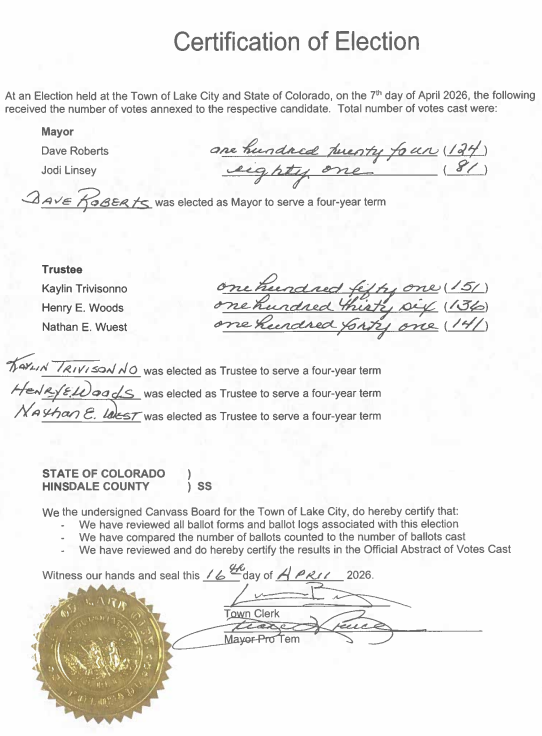 The image is a certification of the election results from Lake City, Colorado, detailing votes for Mayor and Trustees for 2026.