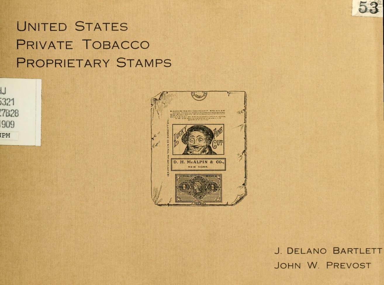The image features a cover titled "United States Private Tobacco Proprietary Stamps," with an illustration of tobacco packaging.