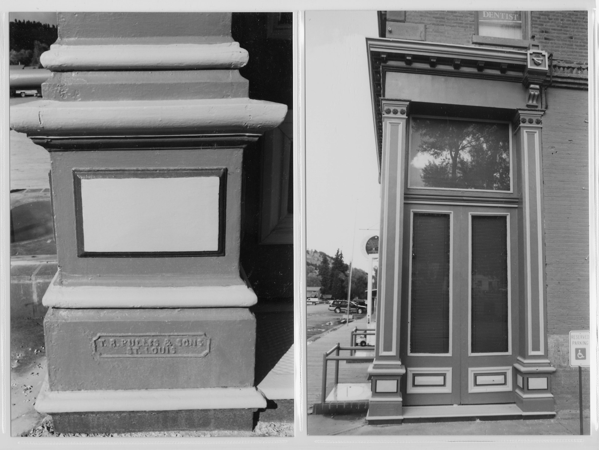 The image shows two architectural details: a decorative column base with a label and an ornately framed window of a building, possibly a former dental office.