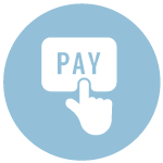 A white hand icon pressing a "PAY" button on a blue circle background.