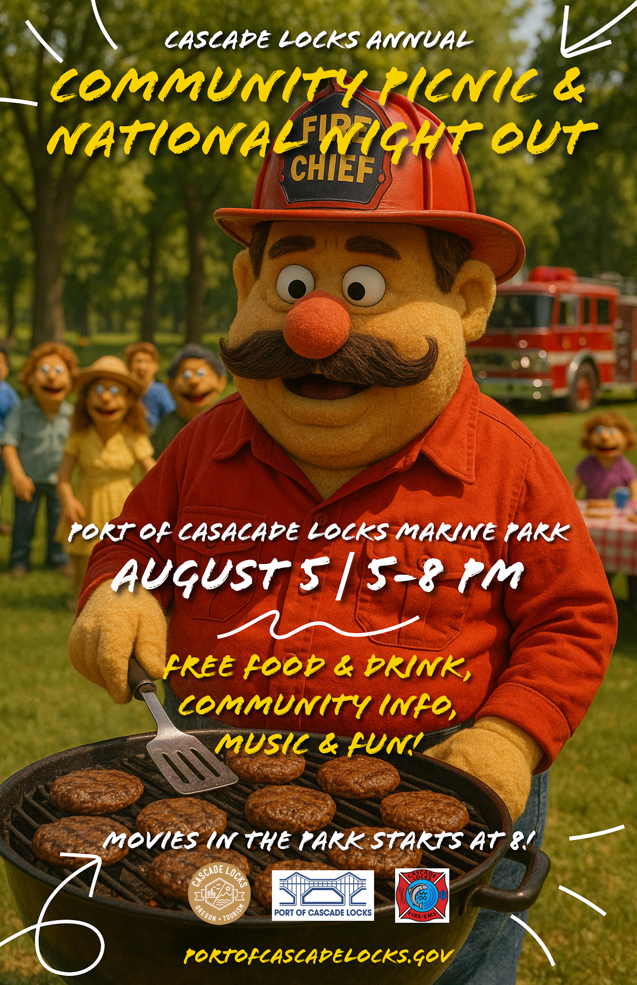 Community Picnic & National Night Out event poster for Cascade Locks on August 5, with free food, music, and more.