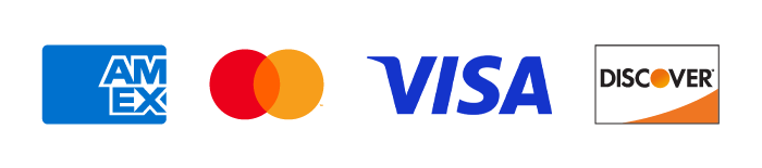 The image features logos of major credit card companies: American Express, Mastercard, Visa, and Discover.