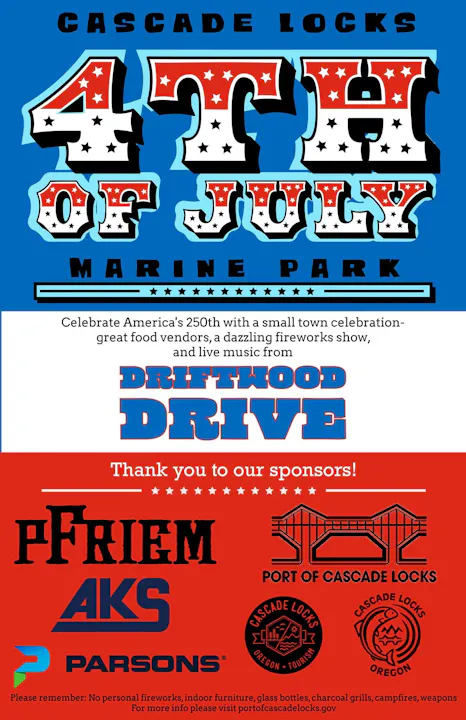 Cascade Locks' 4th of July celebration at Marine Park features food vendors, fireworks, and live music by Driftwood Drive.