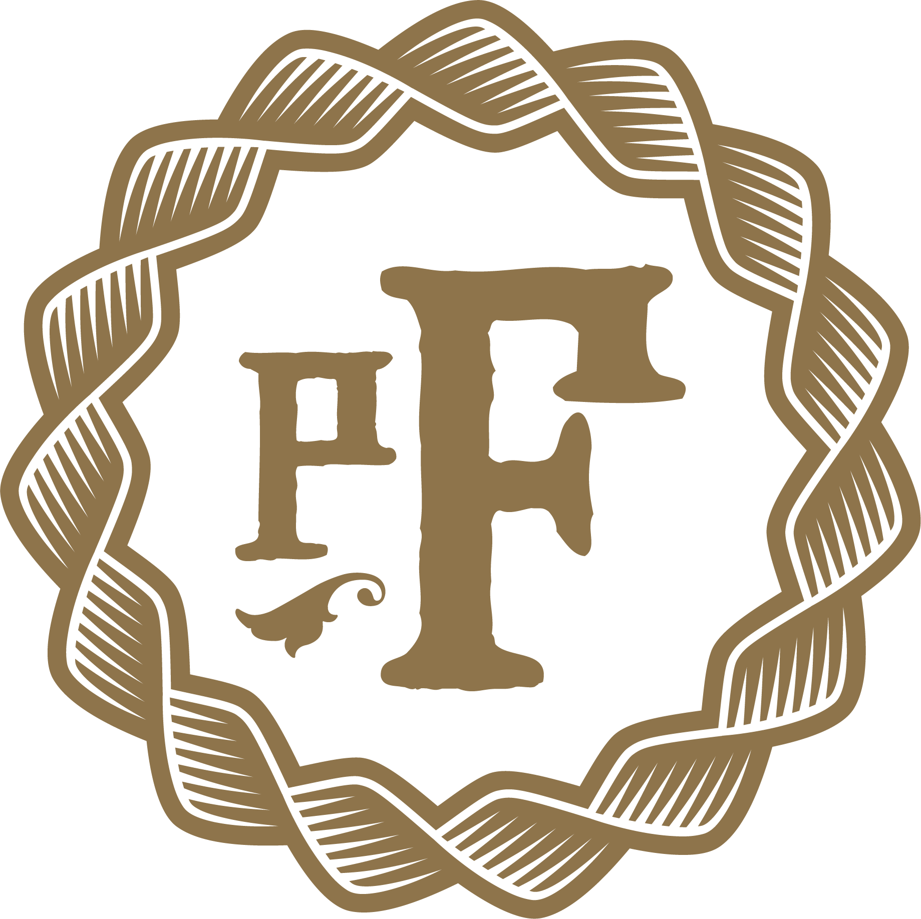 A decorative logo with the letters "PF" in the center, surrounded by a braided circular border.