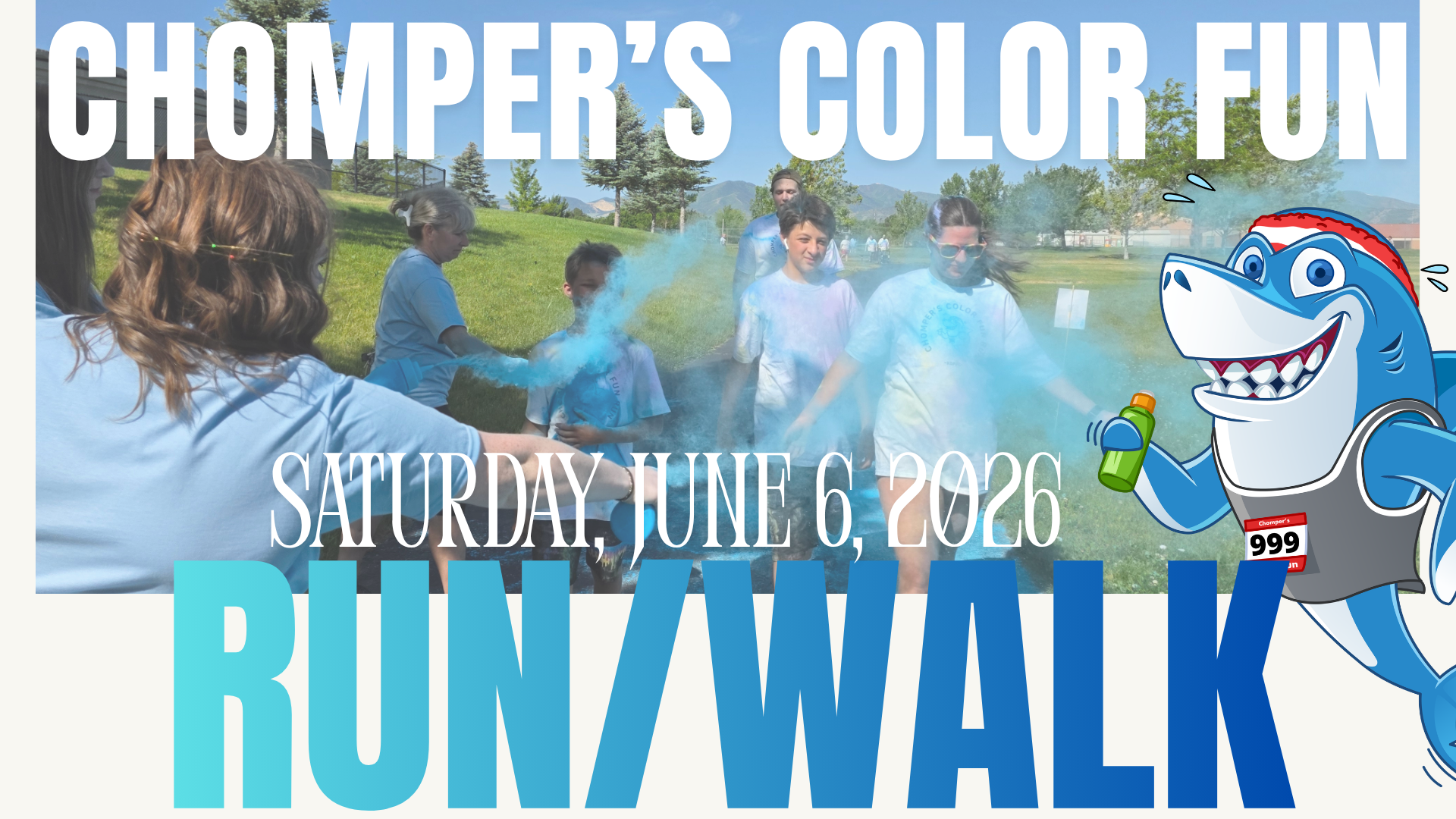 Event poster for "Chomper's Color Fun" run/walk on June 6, 2026, showing participants and colorful powder.