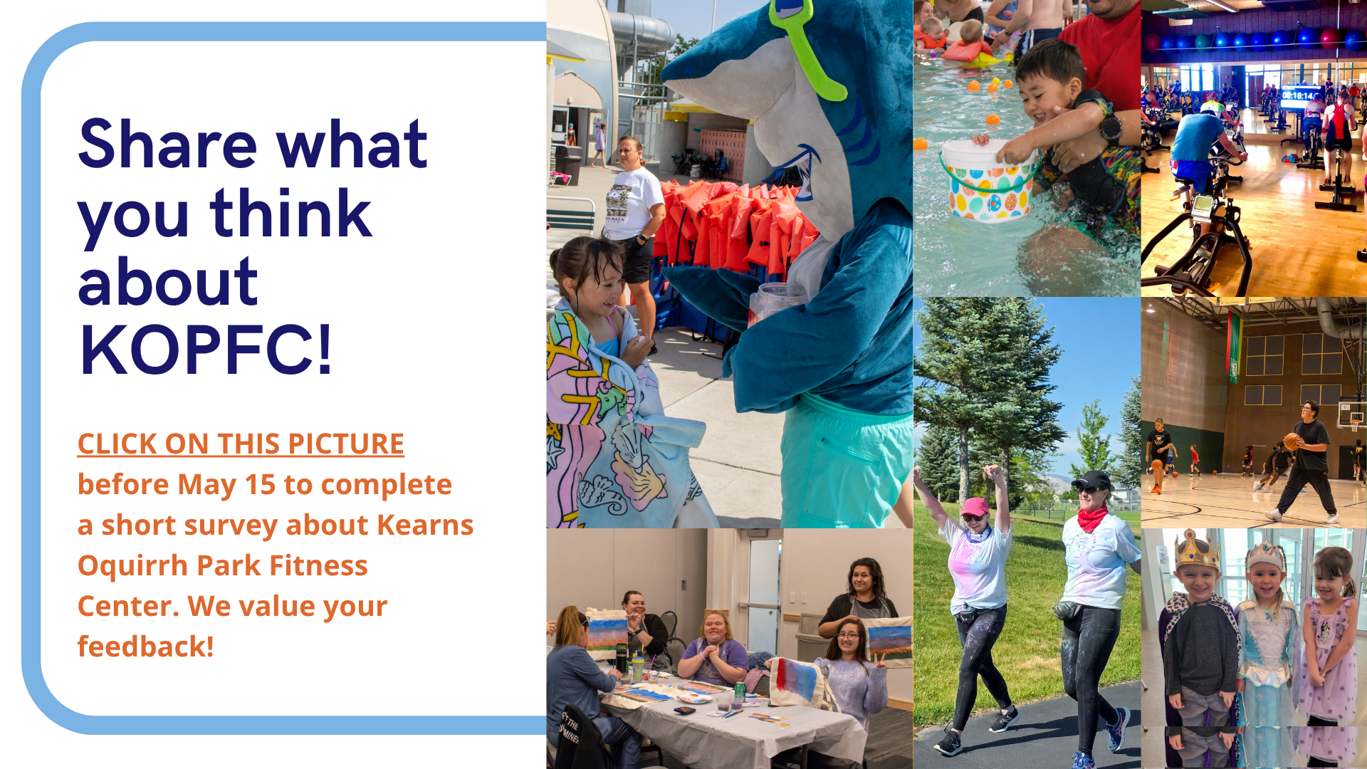 The image promotes a survey about Kearns Oquirrh Park Fitness Center, encouraging feedback before May 15.