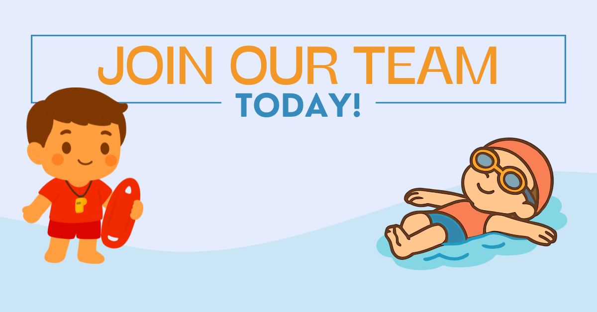 A cartoon lifeguard encourages viewers to join their team, while another child is relaxing on a float in the water.