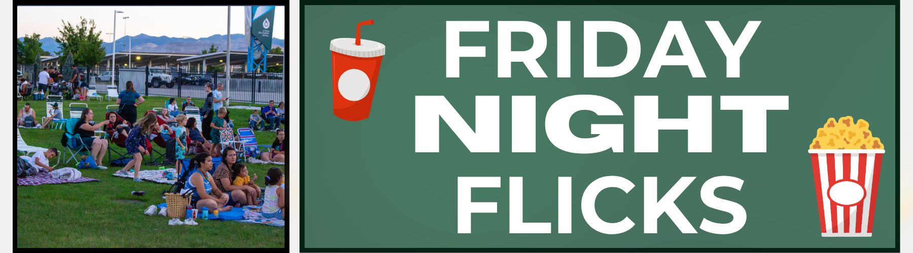 A gathering of people enjoying a movie night outdoors, featuring a sign for "Friday Night Flicks" with snacks.