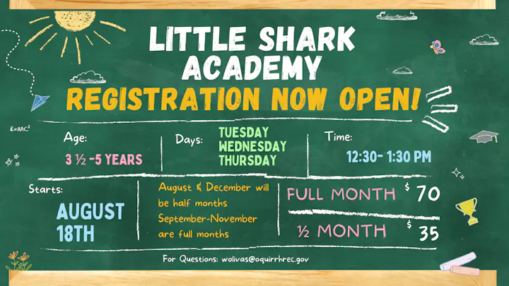 Little Shark Academy offers classes for ages 3.5-5, starting August 18th, on Tuesdays-Thursdays. Registration is now open!