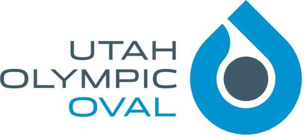 Logo of Utah Olympic Oval with a blue abstract emblem on the right.