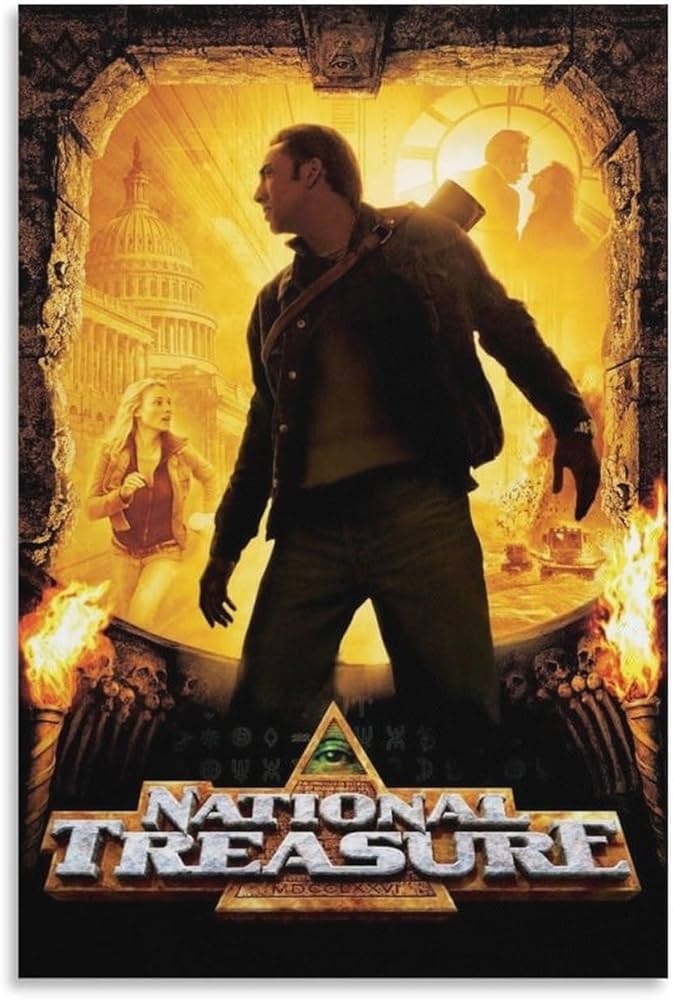 A movie poster for "National Treasure," featuring an adventurer in silhouette, with symbols and historical landmarks in the background.