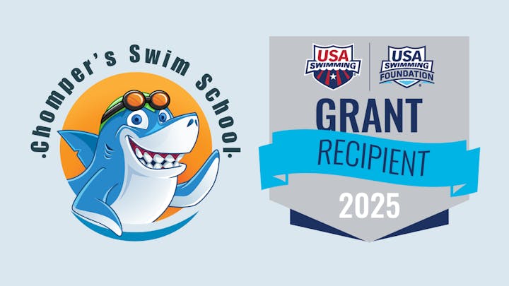 Chomper's Swim School logo beside a "Grant Recipient 2025" USA Swimming Foundation badge.