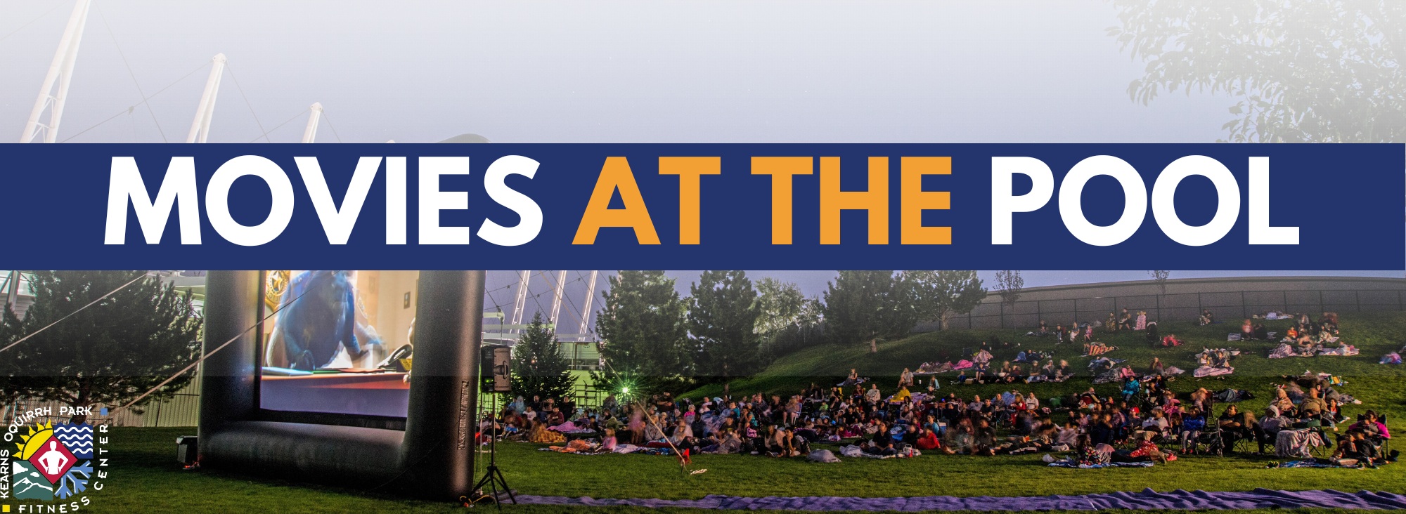 Outdoor movie night event with people sitting on blankets, screen showing a film, "MOVIES AT THE POOL" text.