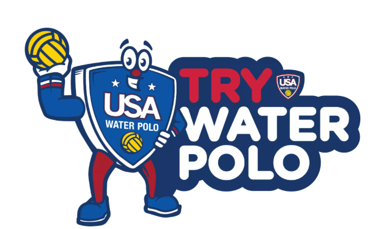 Cartoon character with a water polo ball and "USA Water Polo" shield, next to "Try Water Polo" text.
