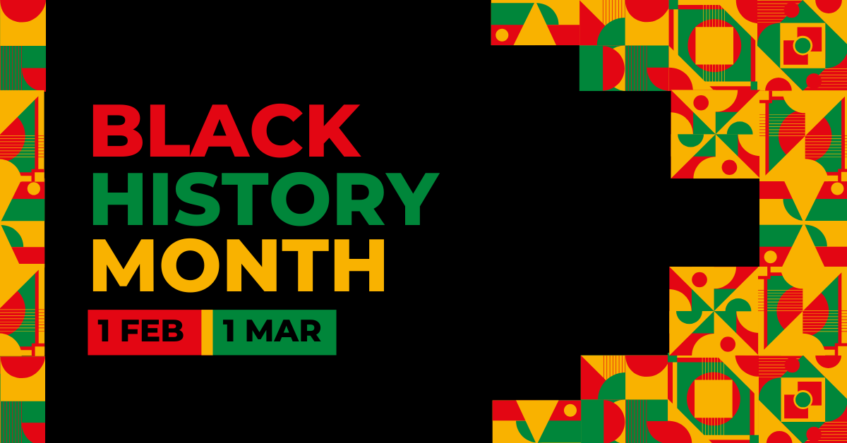 The image promotes Black History Month, celebrated from February 1 to March 1, featuring vibrant colors and patterns.