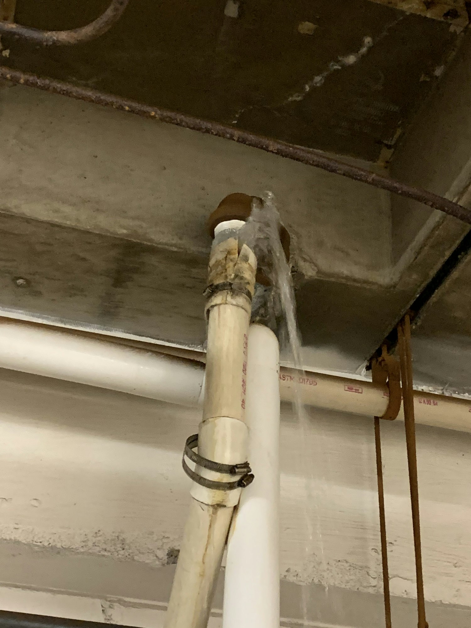 Water spraying from a leaking pipe joint on a ceiling.