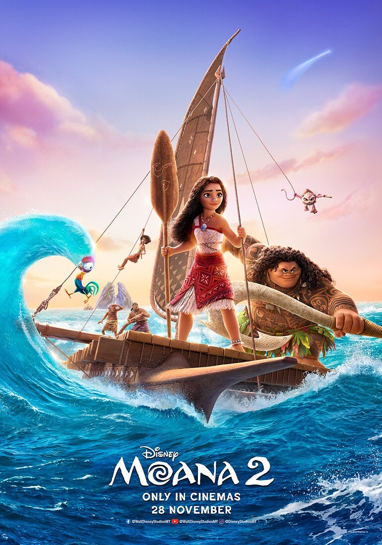 Animated characters on a boat in the ocean, with "Moana 2" text and release date.