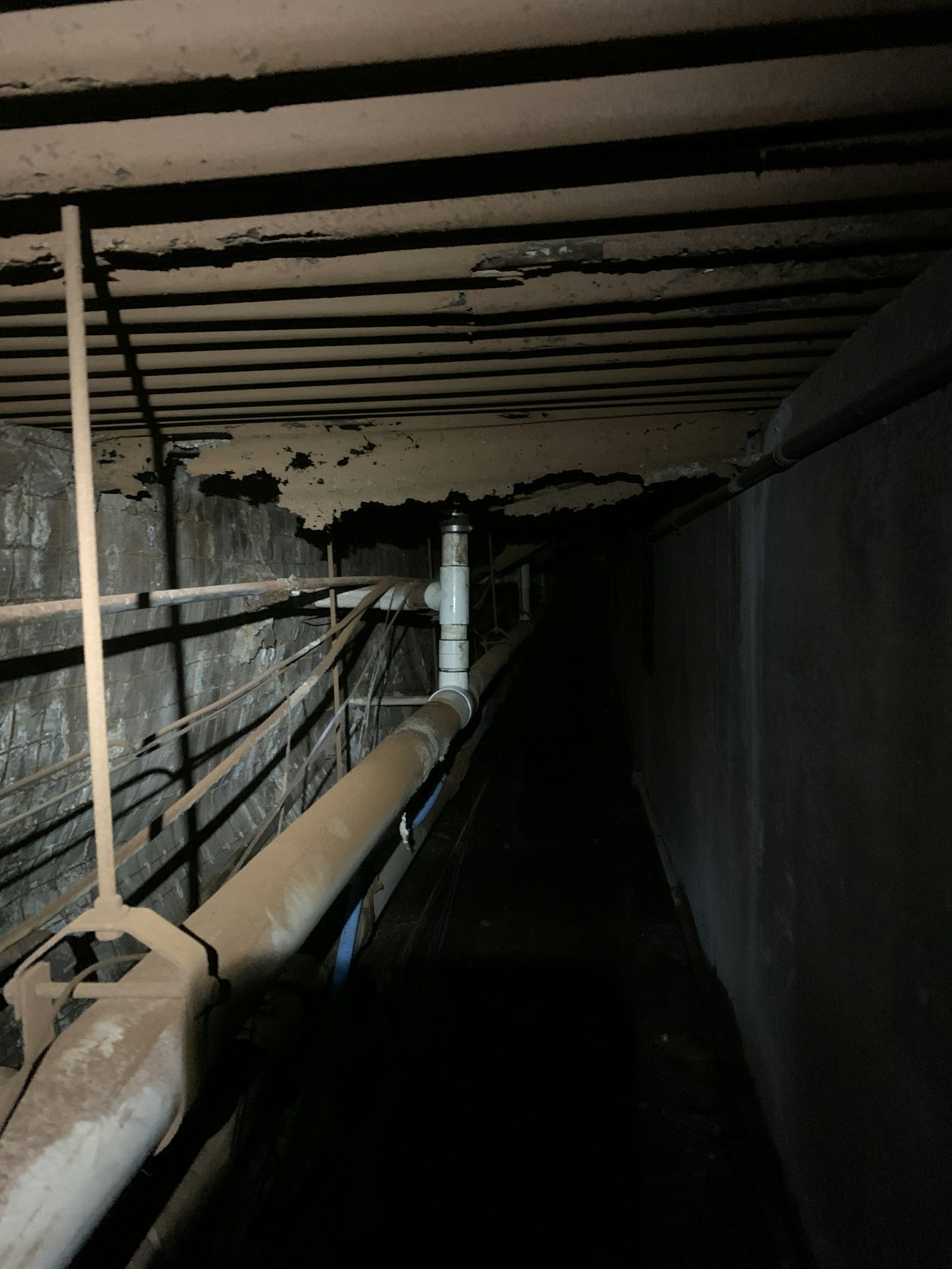 Dark, narrow space with rusty pipes, wires, and peeling walls.