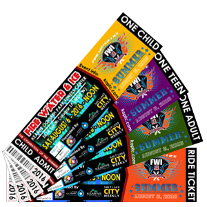 Assorted colorful event tickets for various types of admission, like adult, child, and teen.
