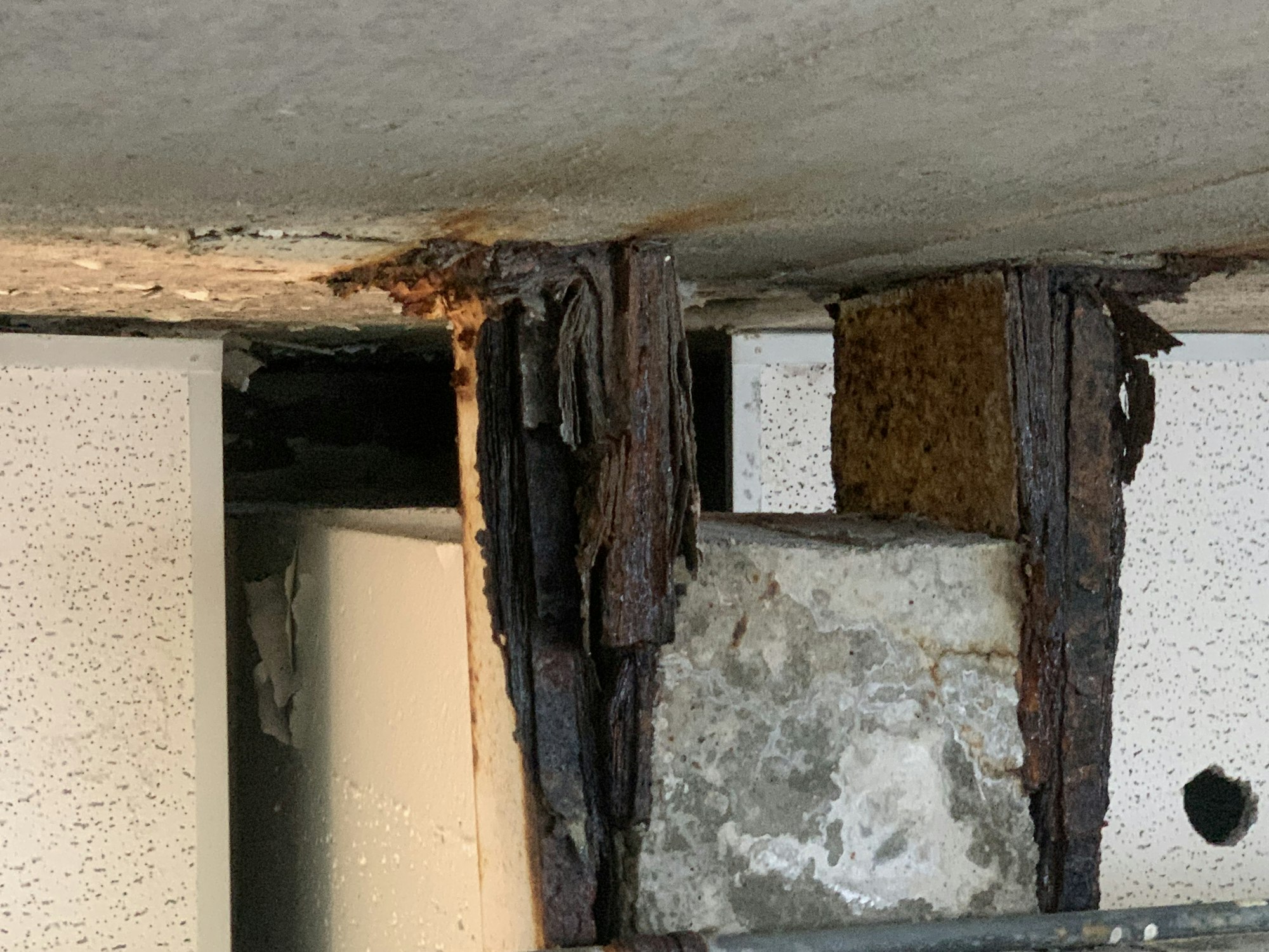 Rusted, damaged steel framework in a ceiling or concrete support beam.