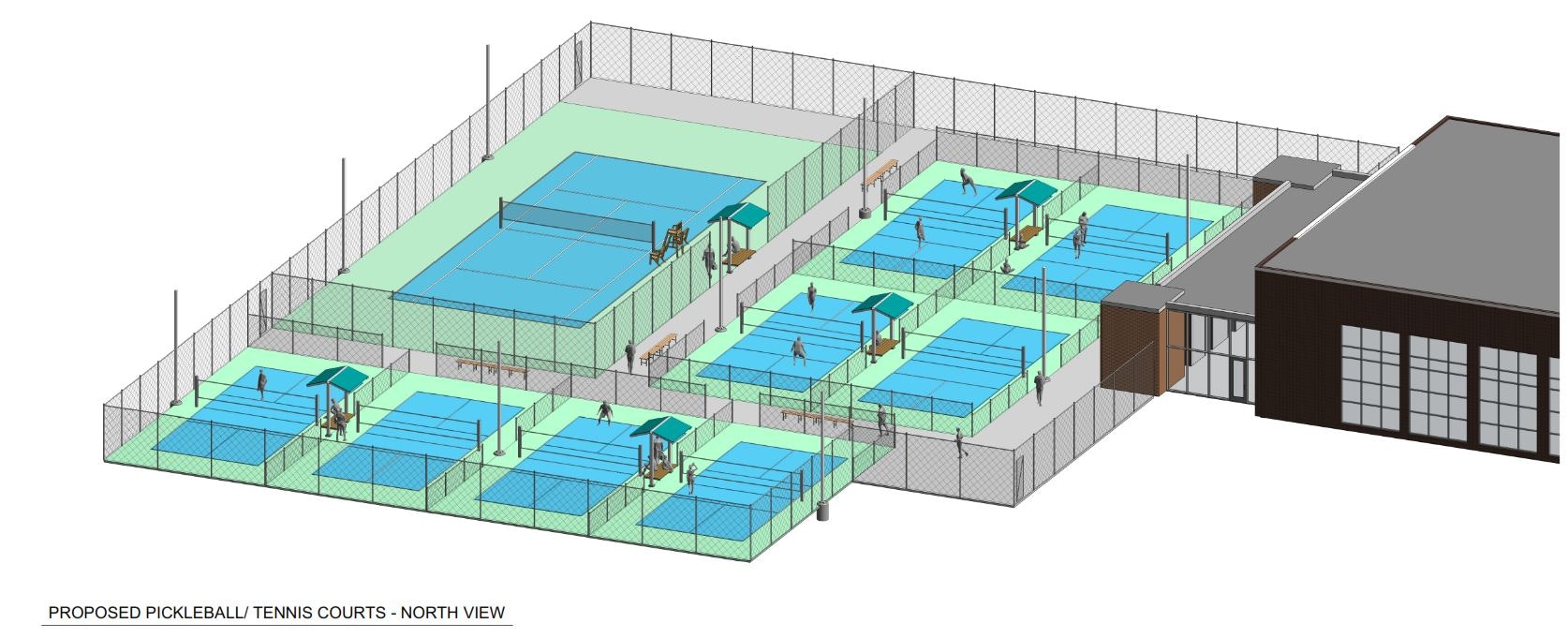 Proposed pickleball and tennis courts with several individual courts, fencing, shade structures, and an adjacent building.