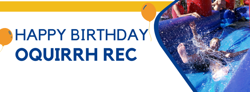 "Happy Birthday Oquirrh Rec" with balloons and a person sliding into water.