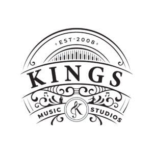 A logo of "Kings Music Studios" with a vintage design, establishing year 2008, and decorative elements.