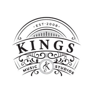 A logo of "Kings Music Studios" with a vintage design, establishing year 2008, and decorative elements.