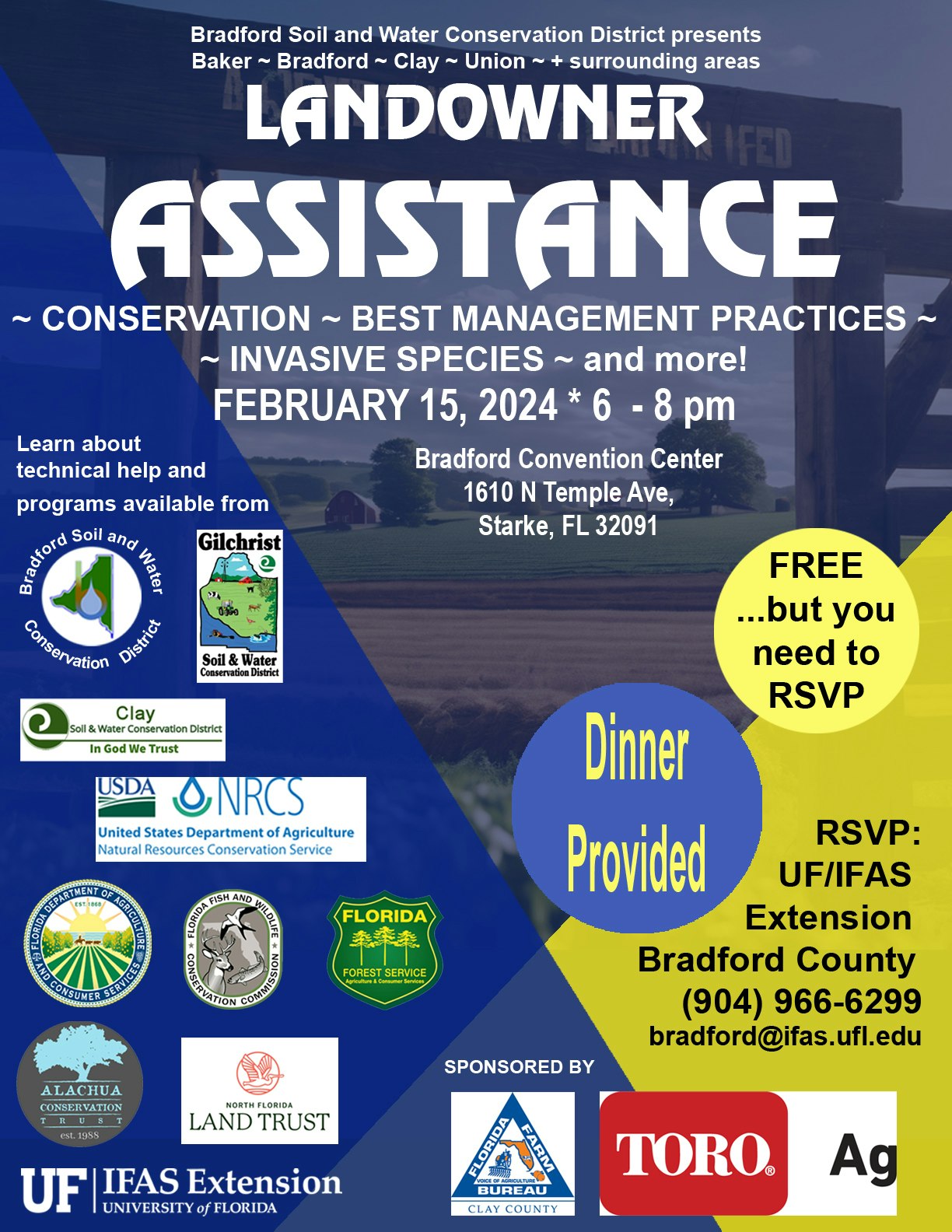 Flyer for 2024 Landowner assistance program on February 15th, 2024. Call 904.966.6299 to register
