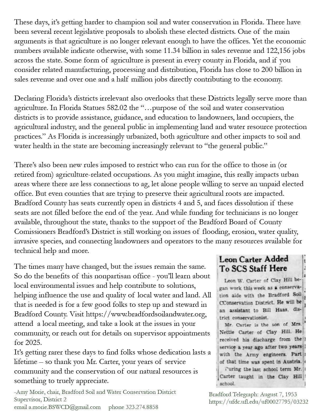 Text about soil and water conservation districts in Florida, highlighting legislative challenges, economic impact, and community involvement.
