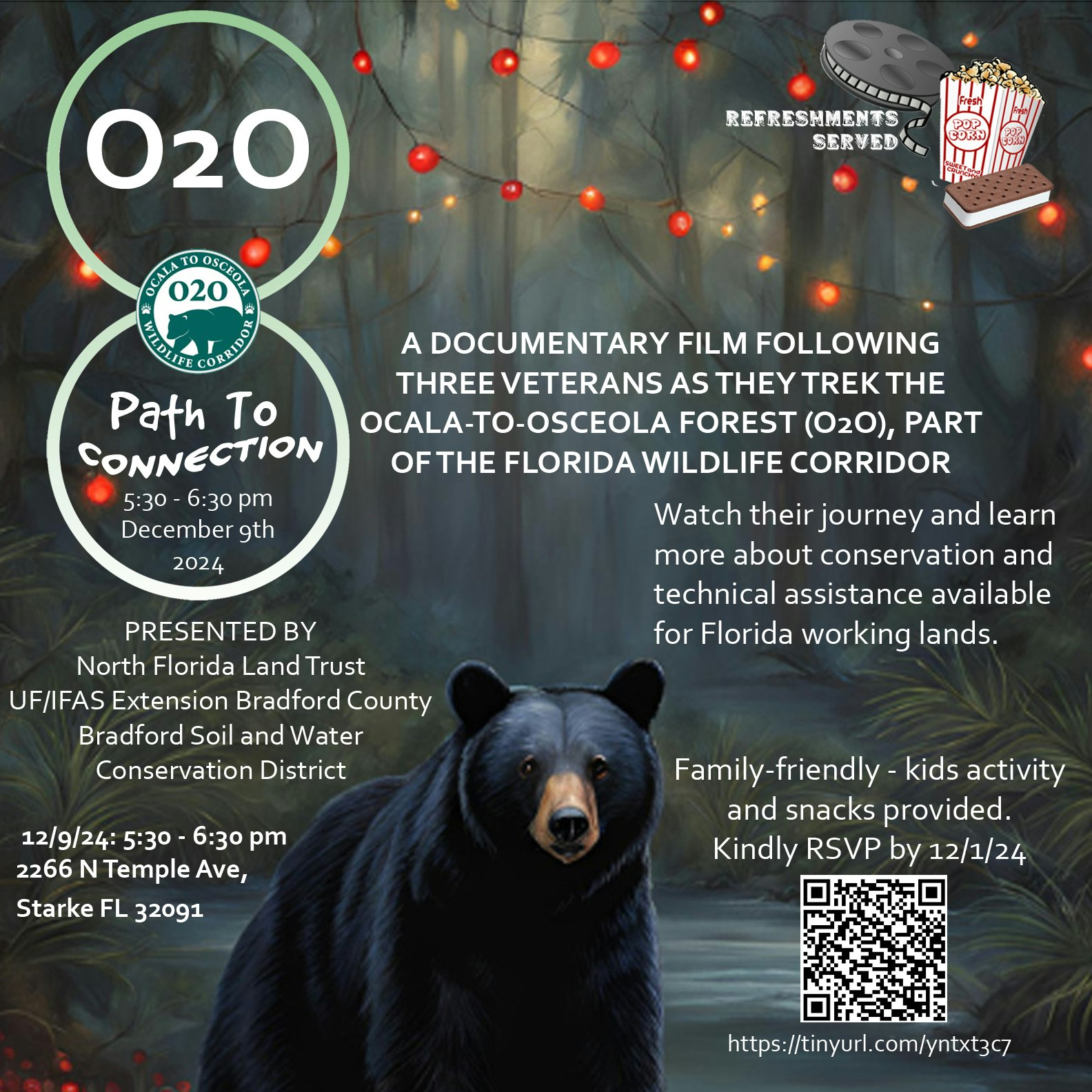 Documentary film event on three veterans trekking Ocala-to-Osceola Forest, with details about date, time, location, and RSVP info.