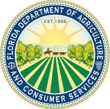Seal of the Florida Department of Agriculture and Consumer Services, featuring fields, animals, and a sunrise.