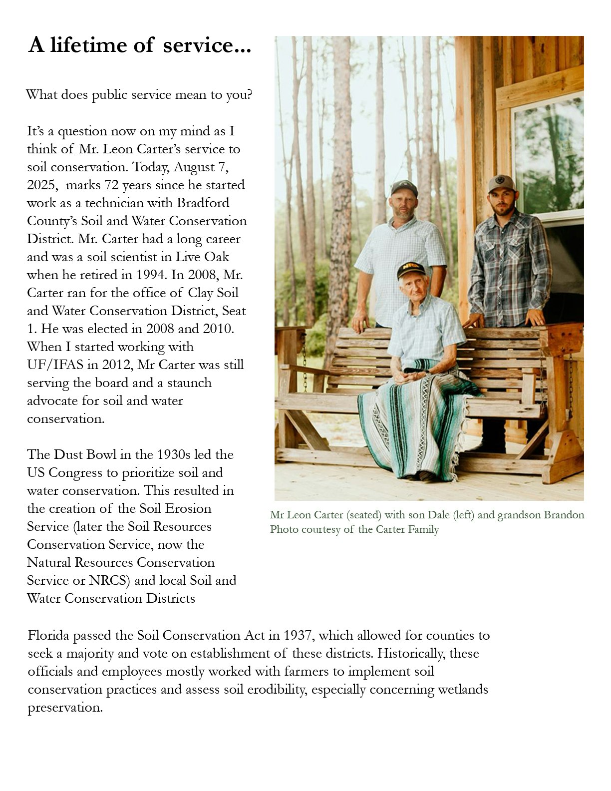 A tribute to Mr. Leon Carter's 72 years in soil conservation, highlighting his dedication and historical context of conservation efforts.