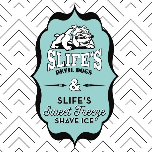 Icon with a bulldog, text: "Slife's Devil Dogs & Slife's Sweet Freeze Shave Ice" on a patterned background.