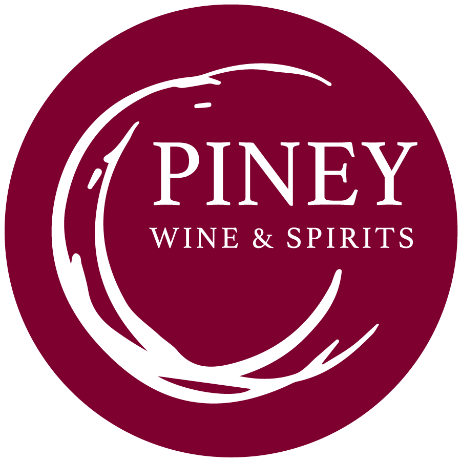 Logo with the text "PINEY WINE & SPIRITS" on a burgundy background.