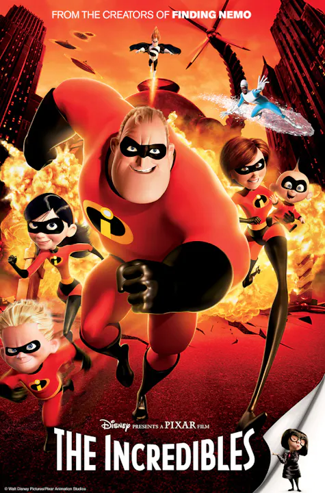 A colorful poster for Disney-Pixar's "The Incredibles," featuring the superhero family in action amidst explosions.