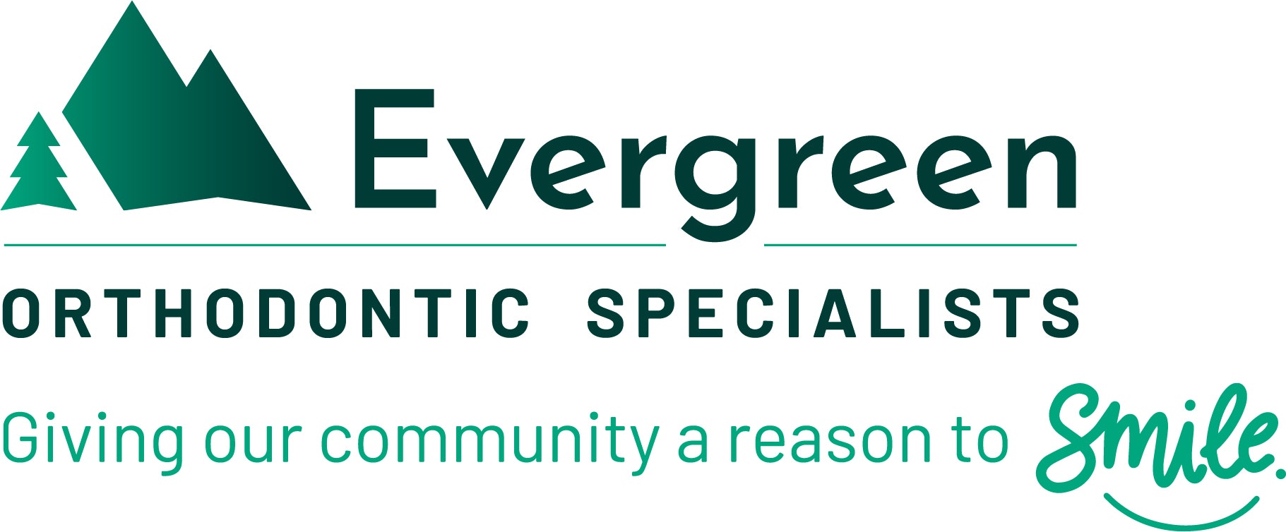 Logo for Evergreen Orthodontic Specialists with mountains and trees. Text: "Giving our community a reason to smile."