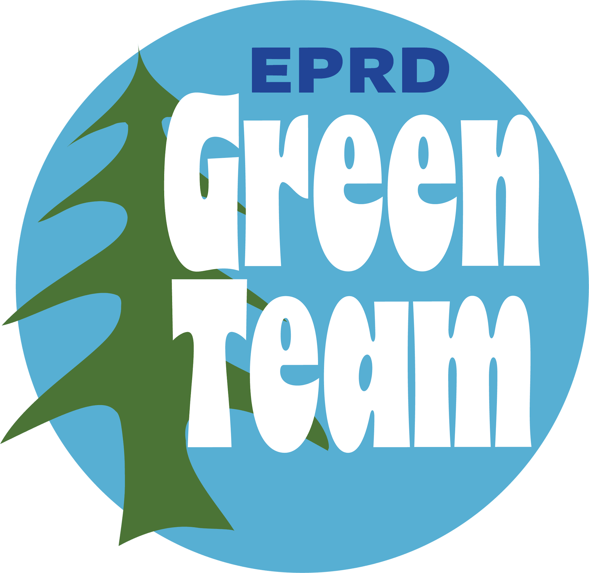 Graphic logo with text "EPRD Green Team" surrounded by leaf illustrations on a blue and green background.