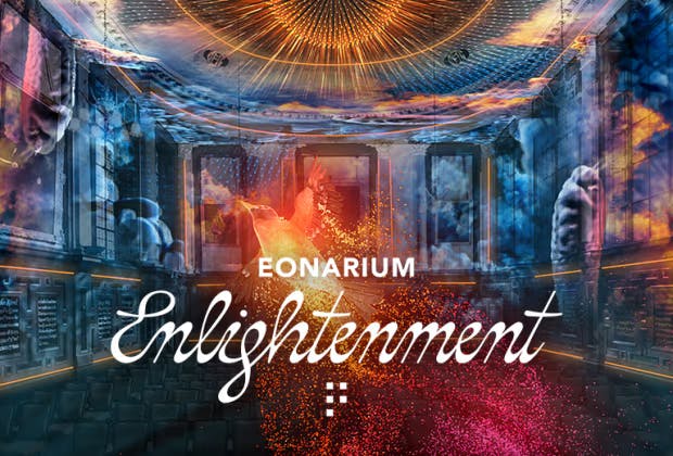 Colorful abstract art with text "Eonarium Enlightenment" overlays a room with ornate ceiling and glowing elements.