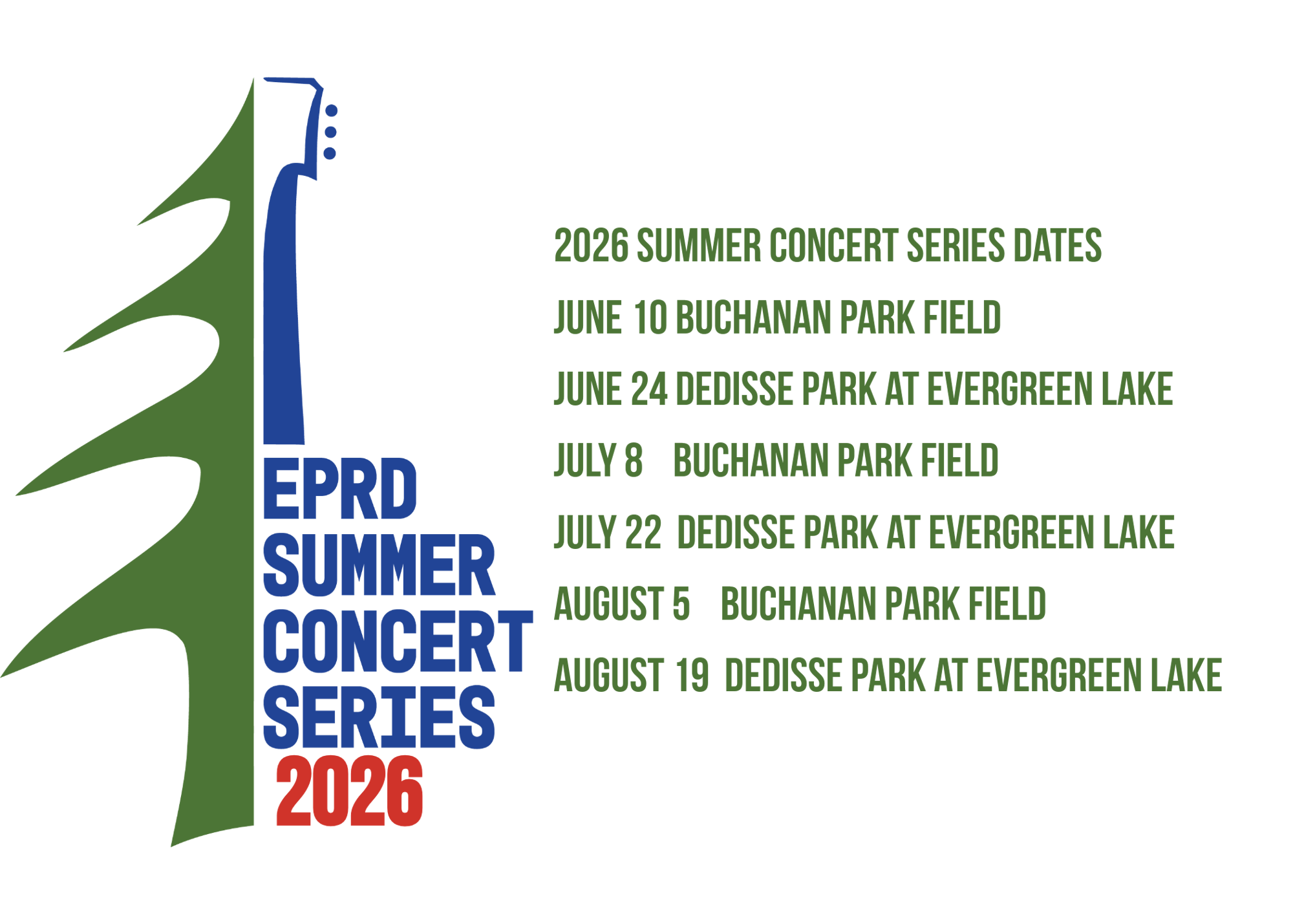 The image displays the 2026 EPRD Summer Concert Series dates and locations.