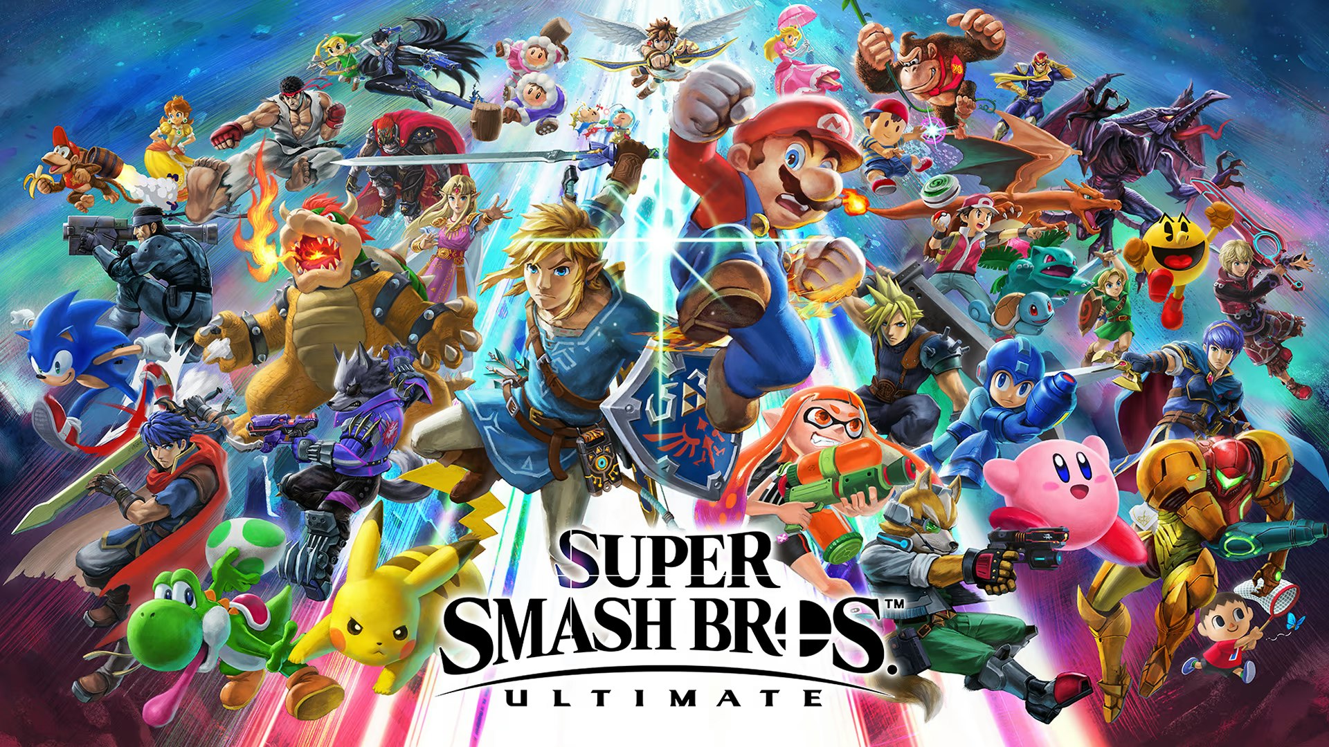 Video game characters from "Super Smash Bros. Ultimate" are in action, with the game's logo displayed below.