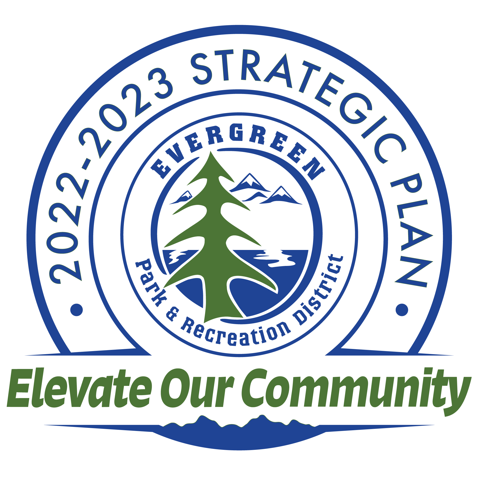 An emblem for the "2022-2023 Strategic Plan" of Evergreen Park & Recreation District with the slogan "Elevate Our Community".